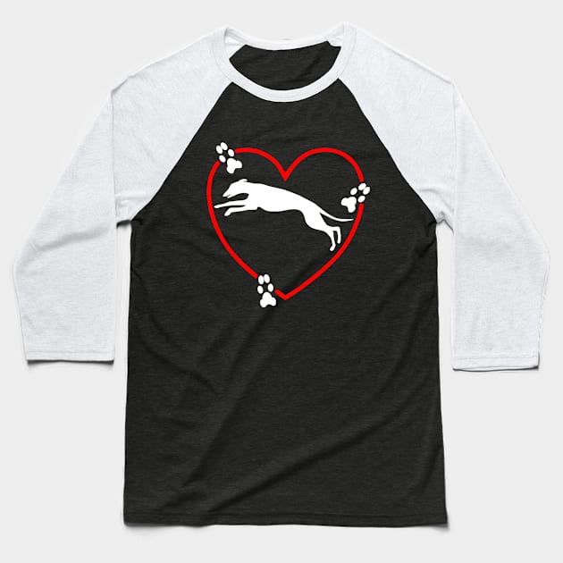 Running White Greyhound Red Heart Paw Prints Baseball T-Shirt by Greyt Graphical Greyhound